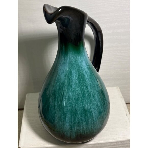 Blue Mountain Pottery Pitcher Vase Handled Green Black Drip Glaze 10" Canada MCM - Picture 3 of 9